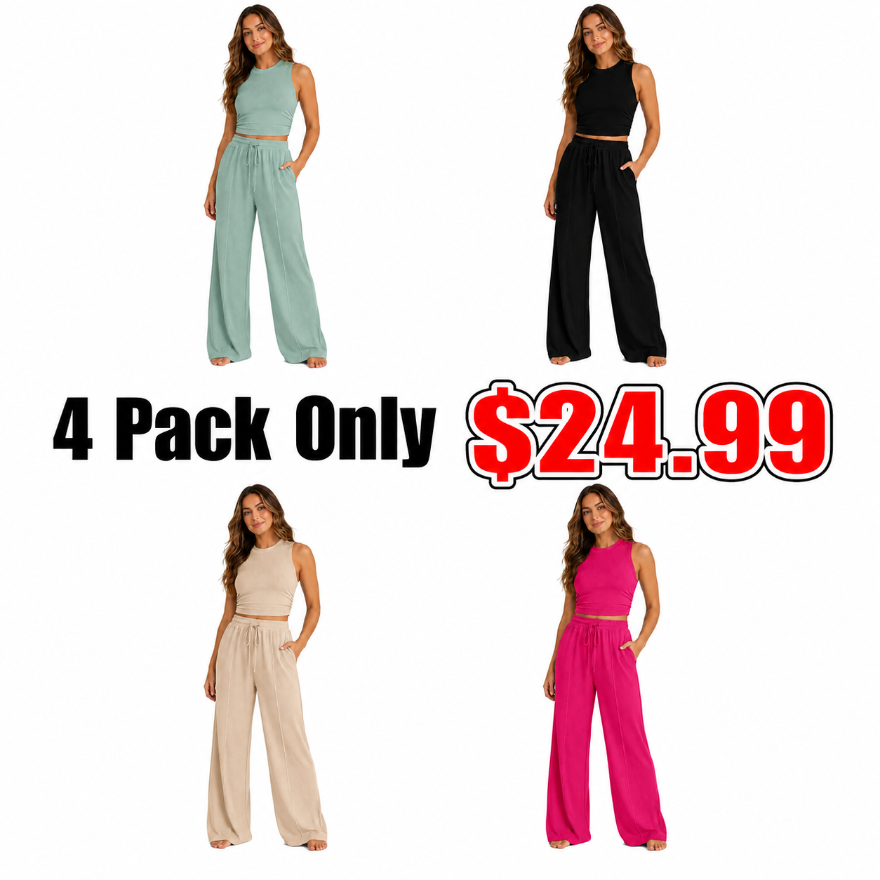 Women's Summer 2-Piece Outfits - Ribbed Knit Crew Neck Sleeveless Cropped Top & Wide Leg Pants Lounge Set