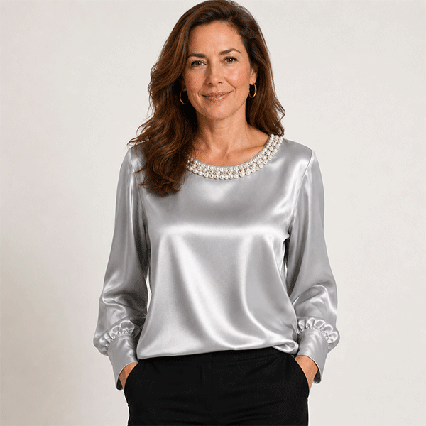 🔥New Arrival🔥Elegant synthetic pearl top with a satin round neckline for women