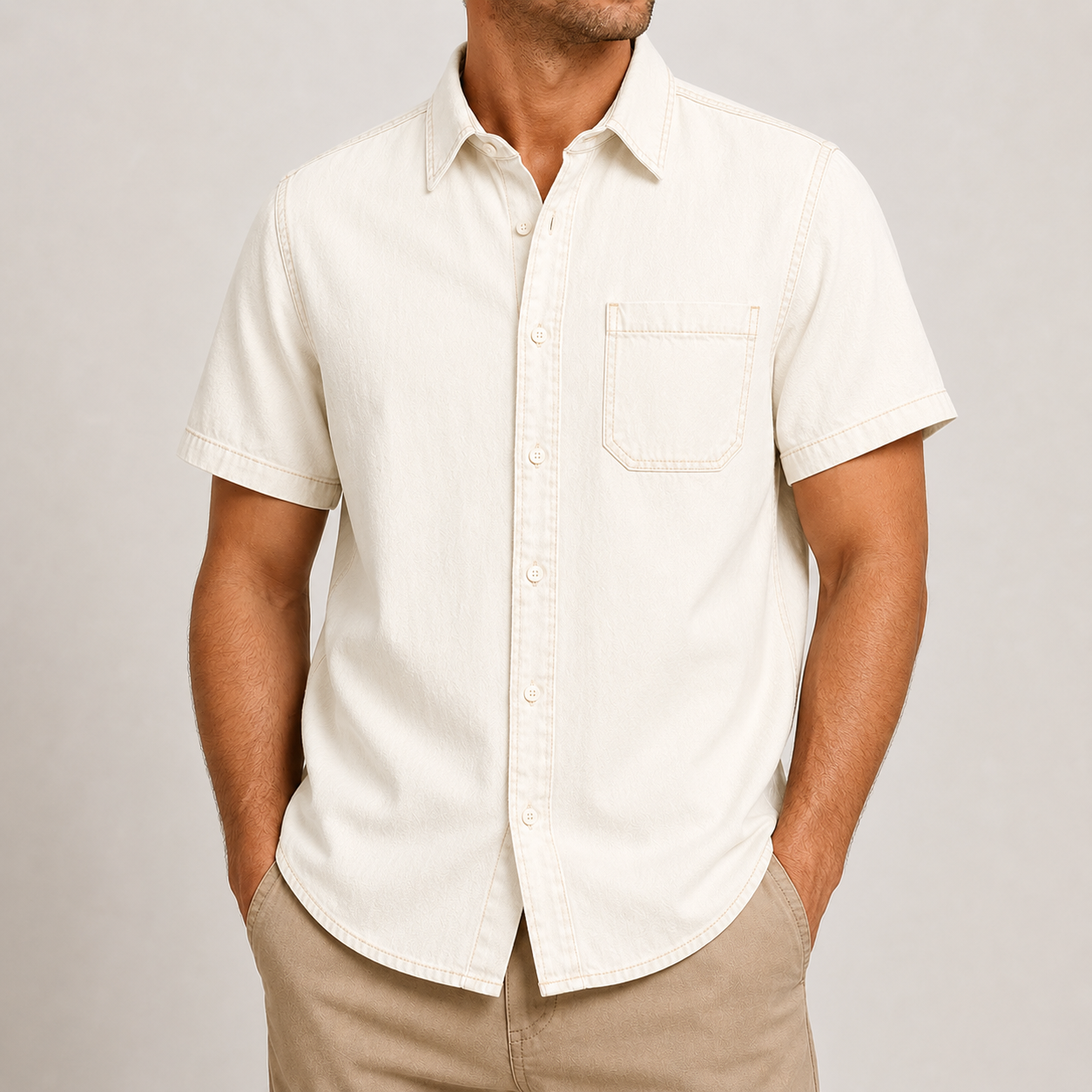 Men's Short Sleeve Denim Button-Up Shirt