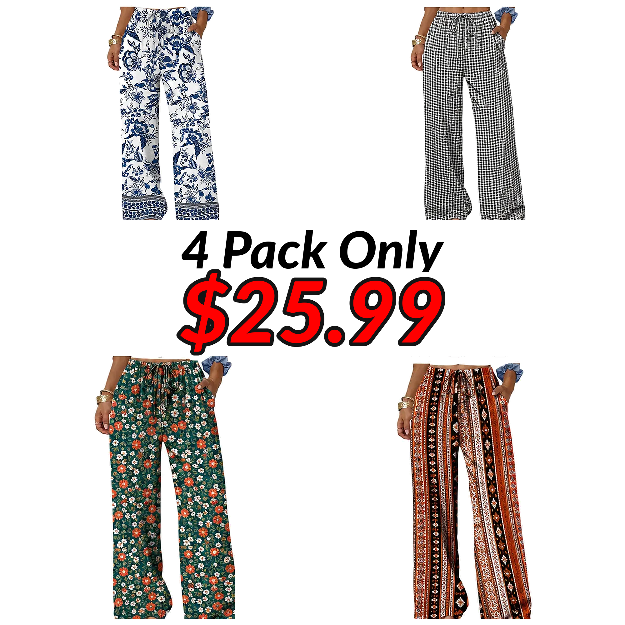 Wide Leg Pants for Women Flowy Palazzo Drawstring Elastic Waist Trousers with Pockets Summer Beach Vacation Clothes