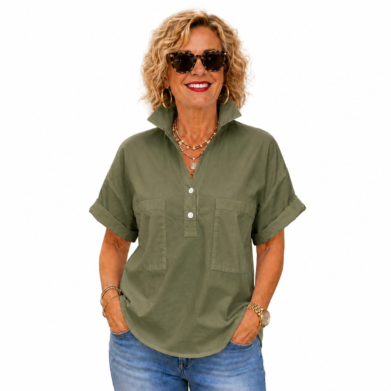 Women’s White Stand Collar Button-Back Relaxed Blouse