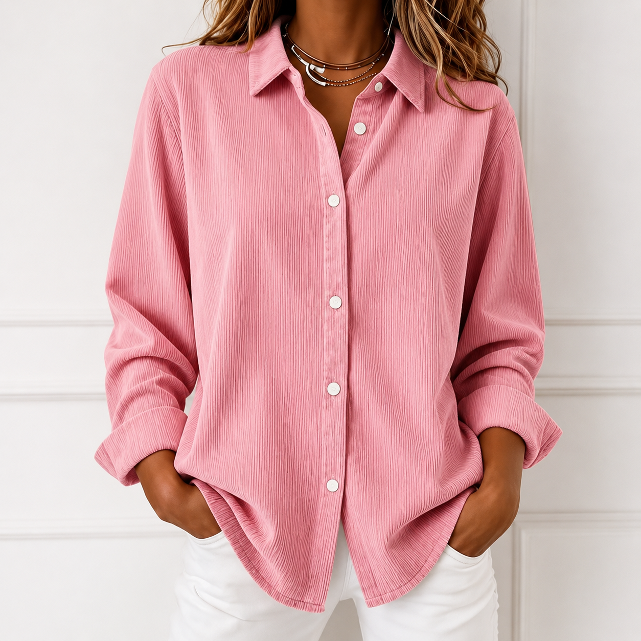 Loose Solid Color Corduroy Button Shirt
