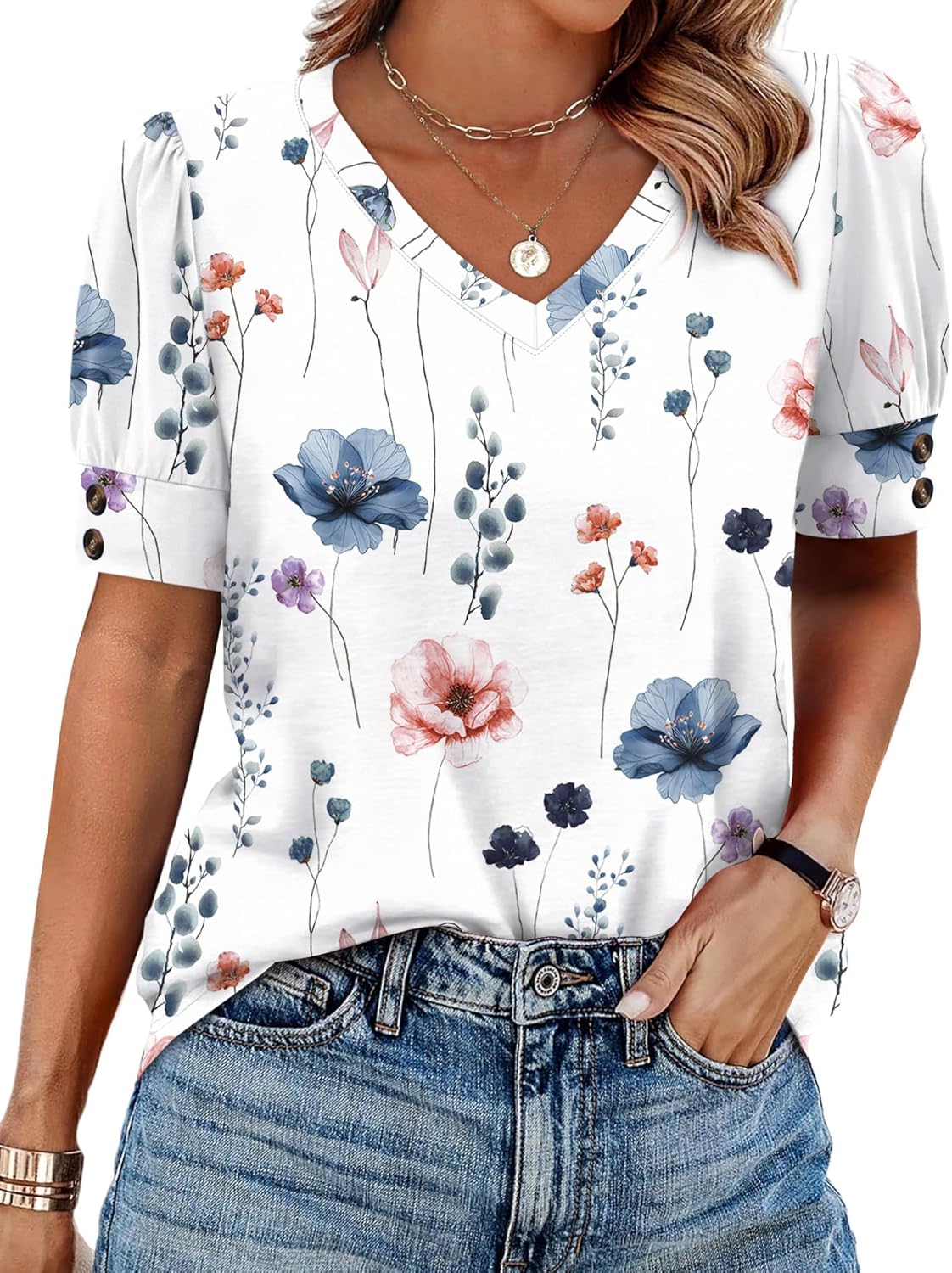 Womens Tops Short Sleeve Shirts Buttons V Neck Spring Fashion Summer Outfits Plus Size Blouses Dressy Casual