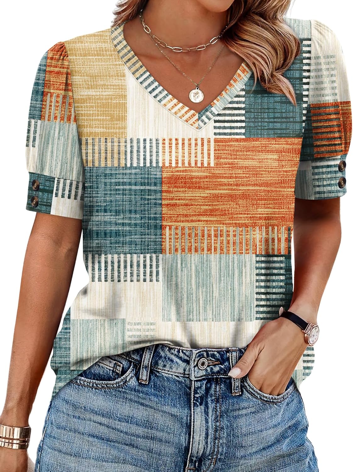 Womens Tops Short Sleeve Shirts Buttons V Neck Spring Fashion Summer Outfits Plus Size Blouses Dressy Casual