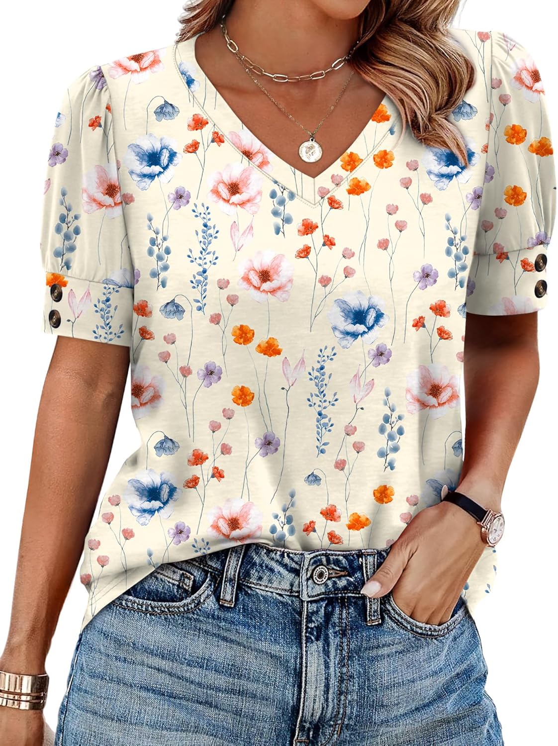 Womens Tops Short Sleeve Shirts Buttons V Neck Spring Fashion Summer Outfits Plus Size Blouses Dressy Casual