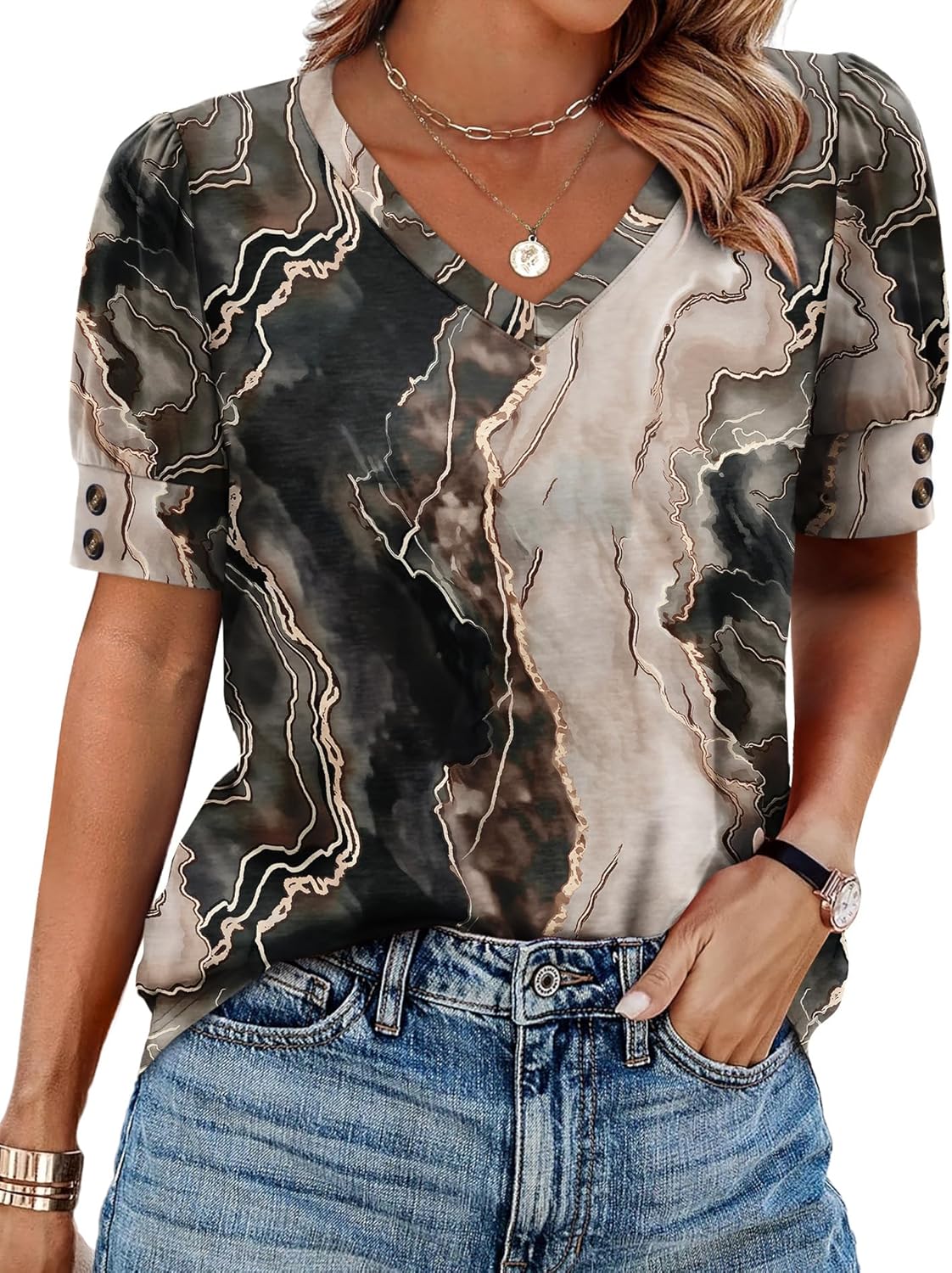 Womens Tops Short Sleeve Shirts Buttons V Neck Spring Fashion Summer Outfits Plus Size Blouses Dressy Casual