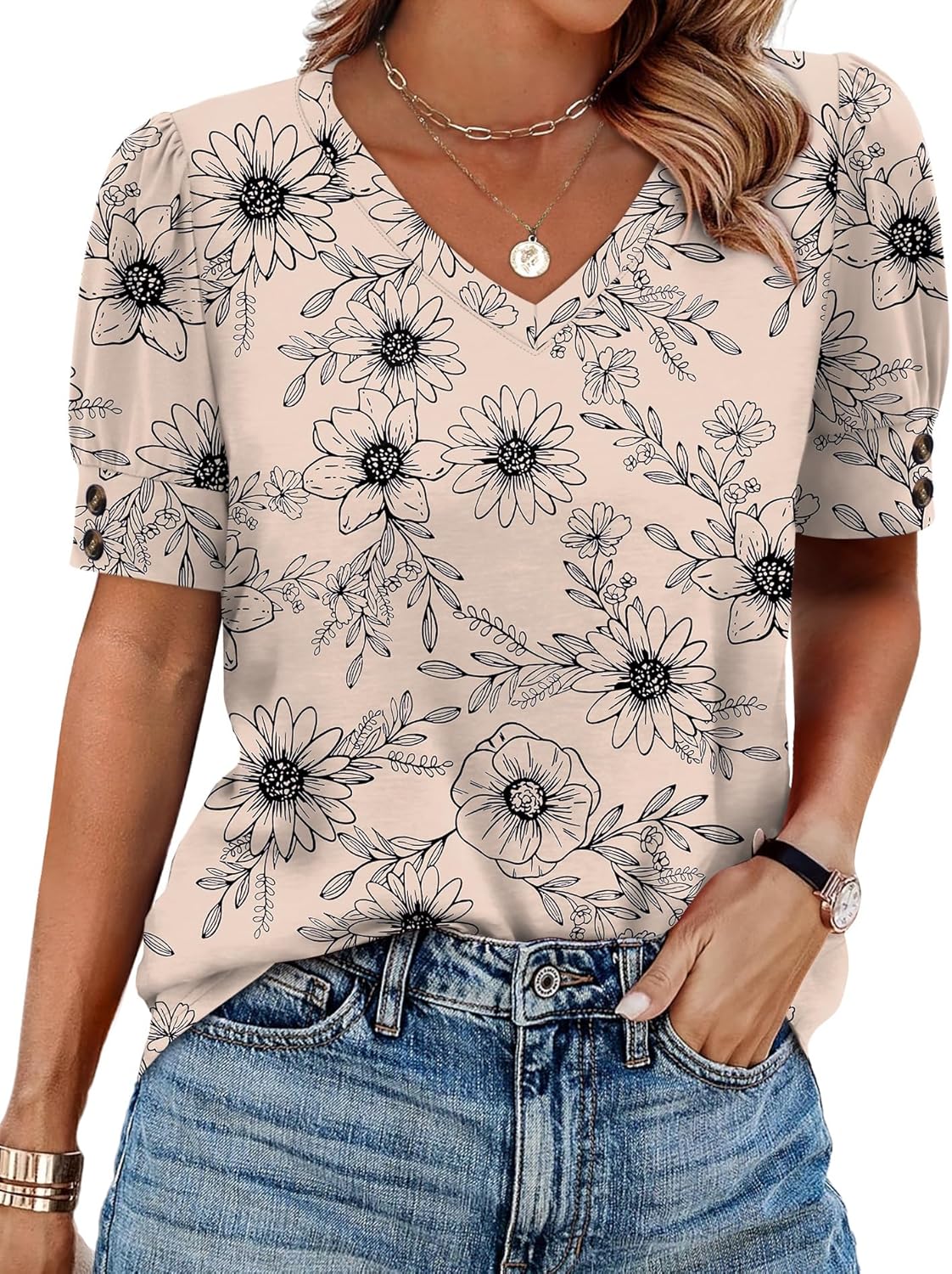 Womens Tops Short Sleeve Shirts Buttons V Neck Spring Fashion Summer Outfits Plus Size Blouses Dressy Casual
