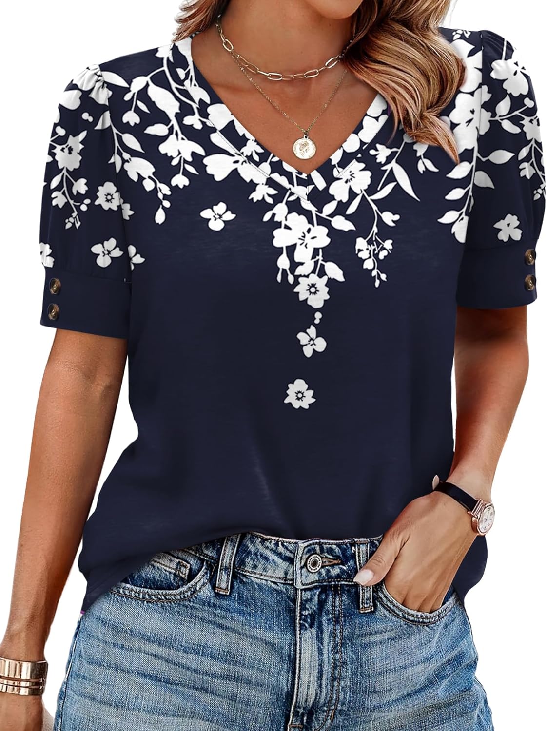 Womens Tops Short Sleeve Shirts Buttons V Neck Spring Fashion Summer Outfits Plus Size Blouses Dressy Casual