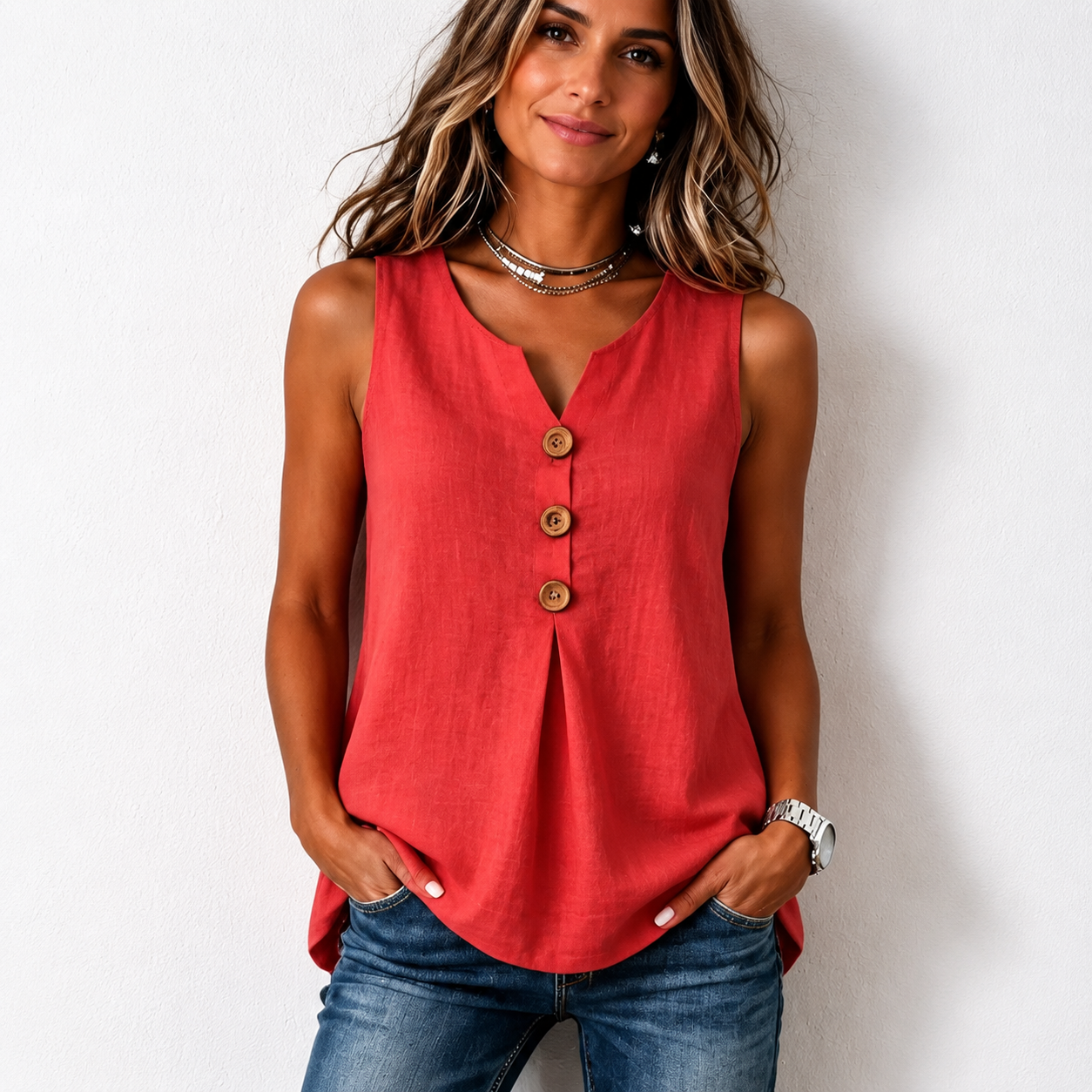 Three-Button Sleeveless Solid Color Tank Top
