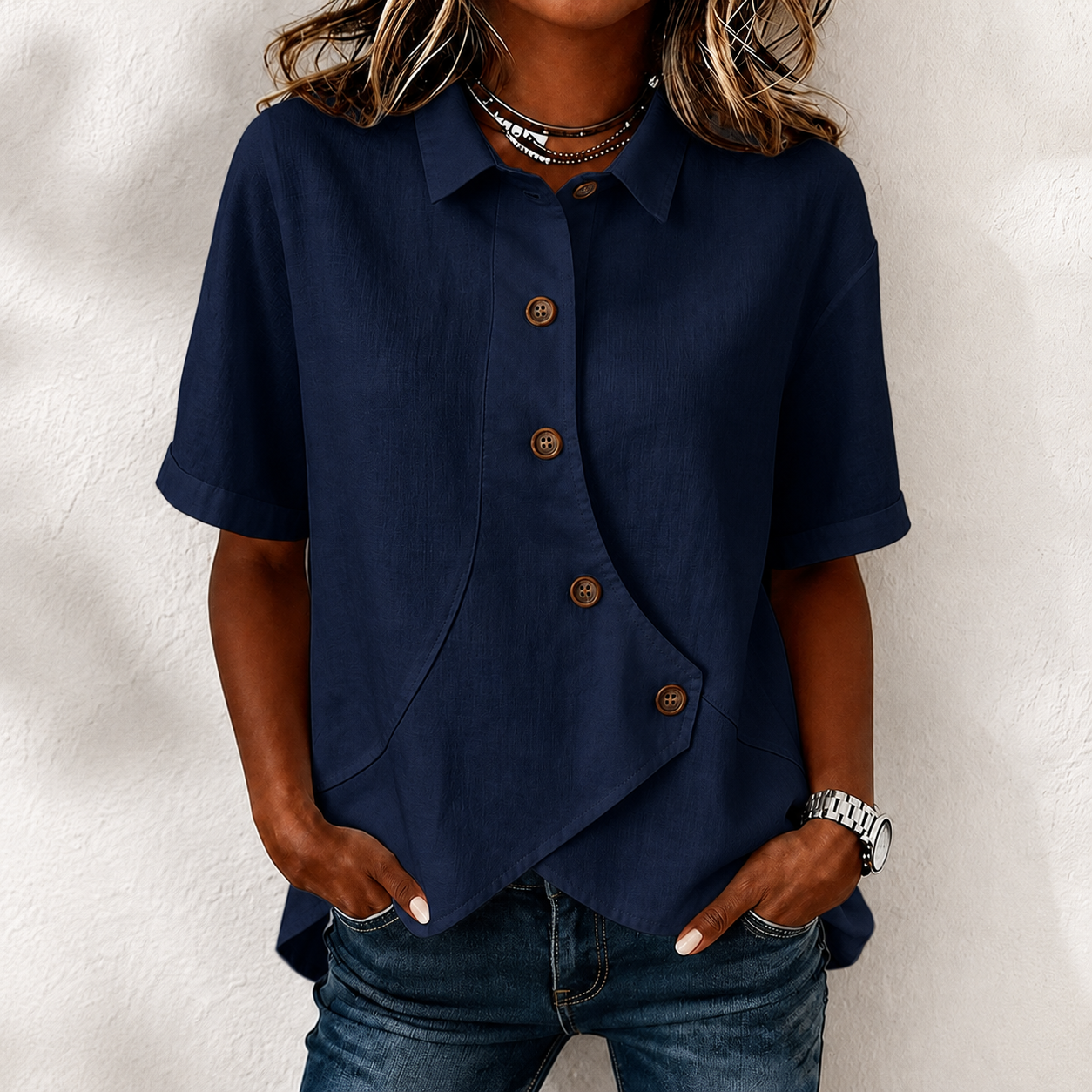 Elegant Solid Collared Button-up Short Sleeve Blouse