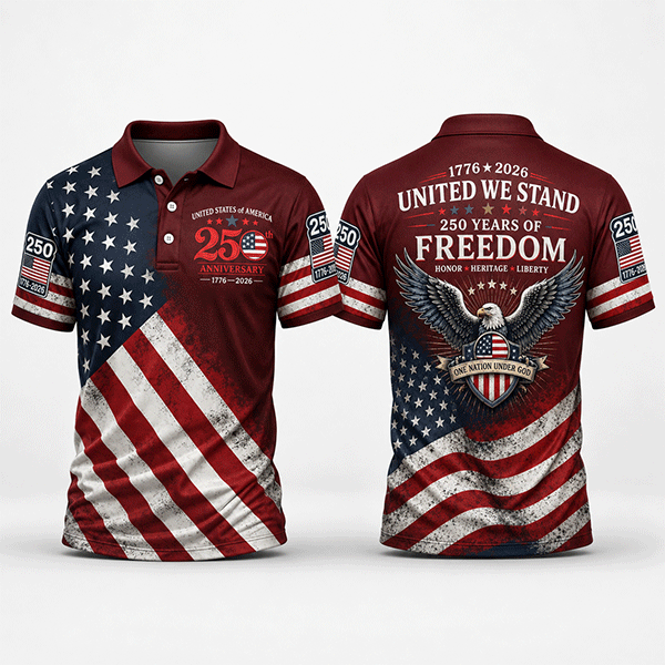 Patriotic American Flag Polo Shirt for Men, 250th Anniversary 1776-2026