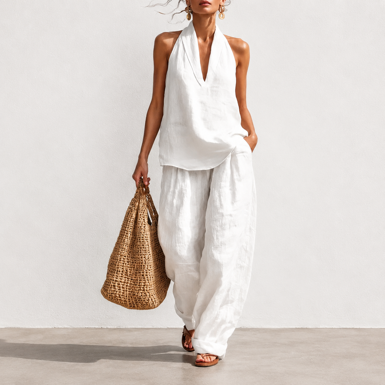 Women's Boho Linen Two Piece Set Halter Neck Sleeveless Top & Wide Leg Pants Beach Vacation Brunch Casual Outfit