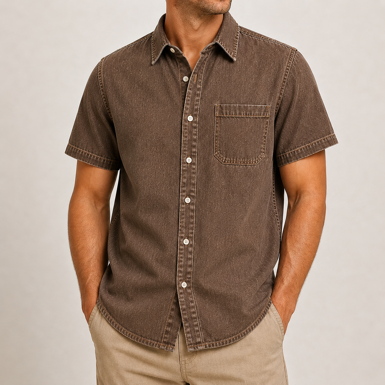 Men's Short Sleeve Denim Button-Up Shirt