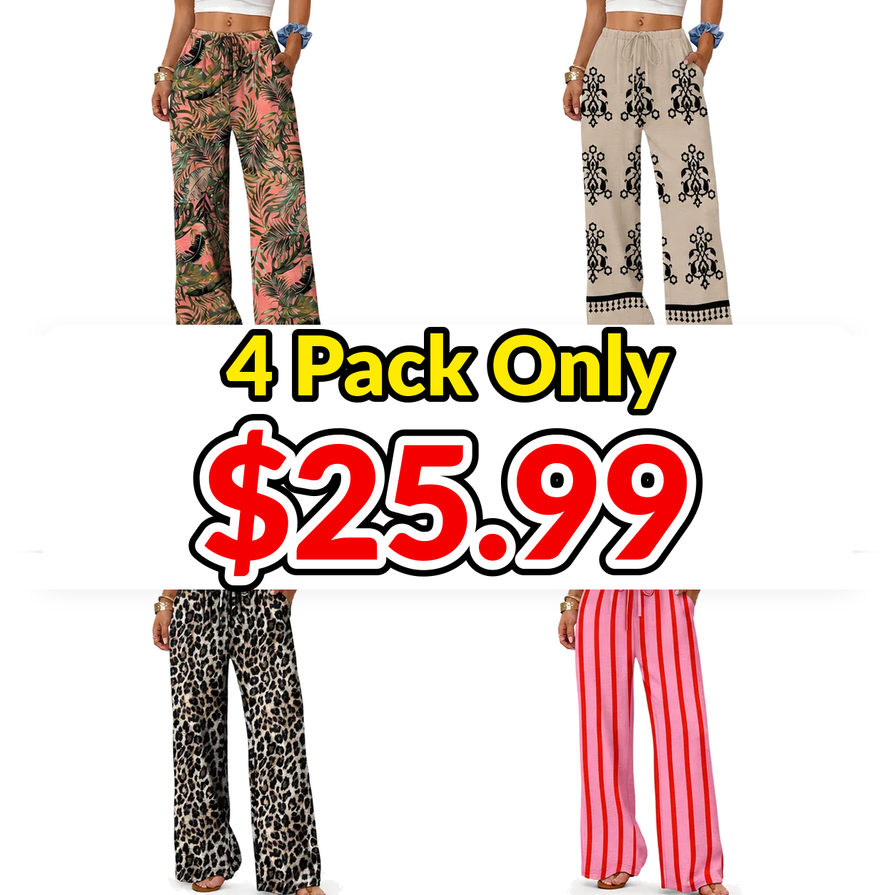 Wide Leg Pants for Women Flowy Palazzo Drawstring Elastic Waist Trousers with Pockets Summer Beach Vacation Clothes