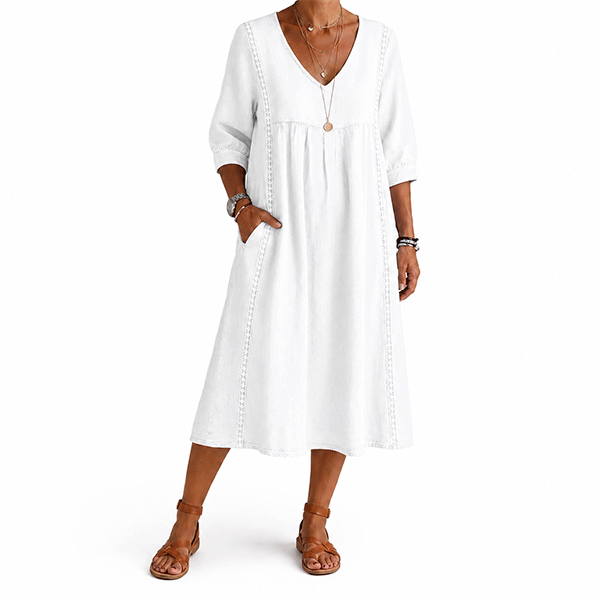 New Arrivals🔥Women's Casual Loose-fitting Patchwork Lace Trim Linen And Cotton Dress