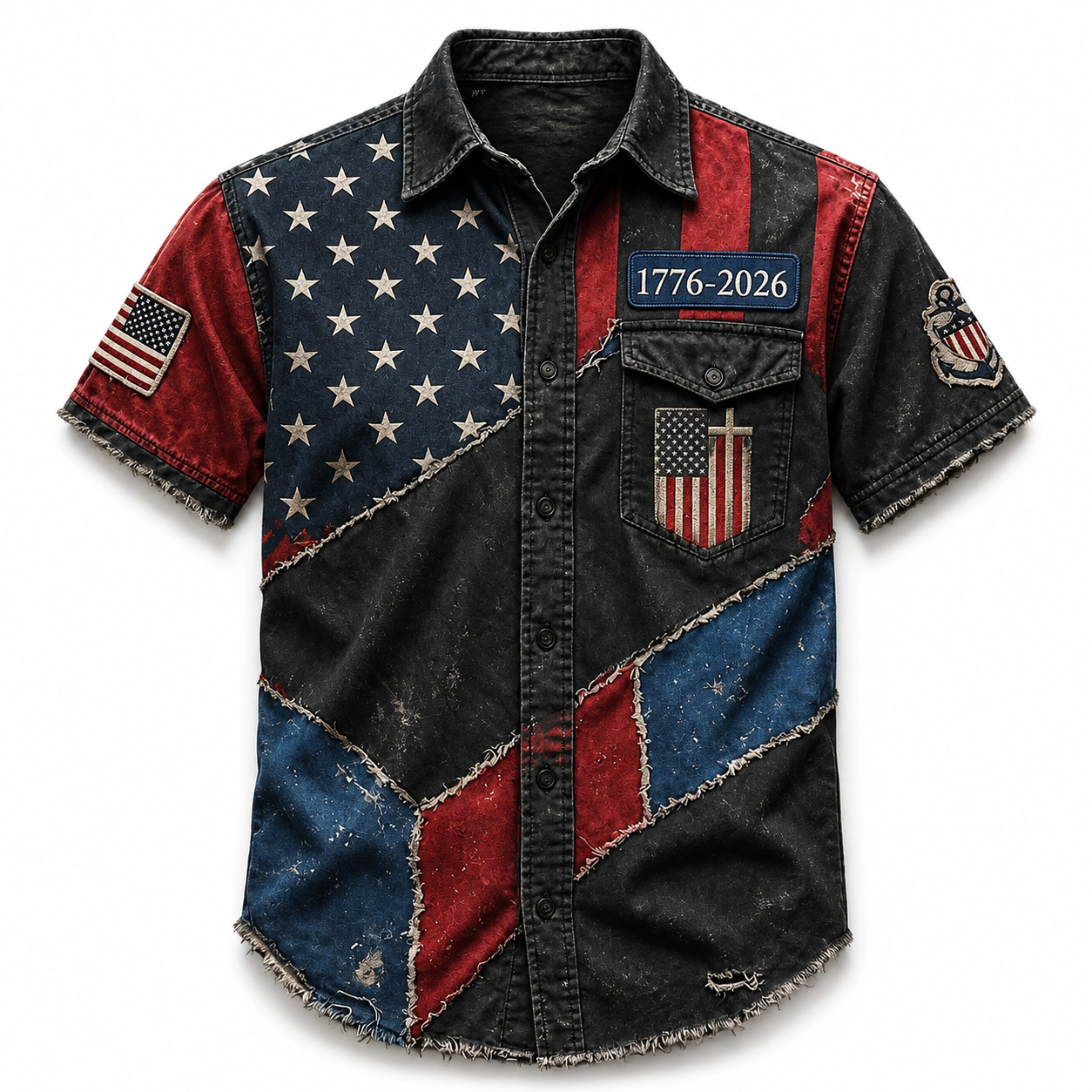 Men's USA 1776-2026 250th Anniversary Vintage Flag Patchwork Short-Sleeve Button-Down Shirt - Distressed Denim Style