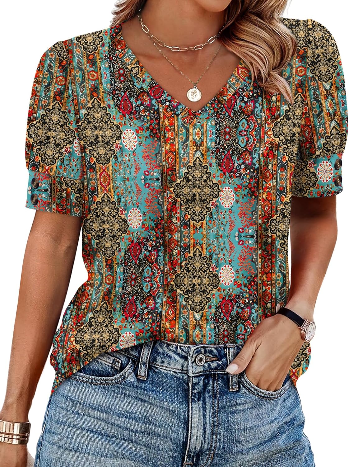 Womens Tops Short Sleeve Shirts Buttons V Neck Spring Fashion Summer Outfits Plus Size Blouses Dressy Casual