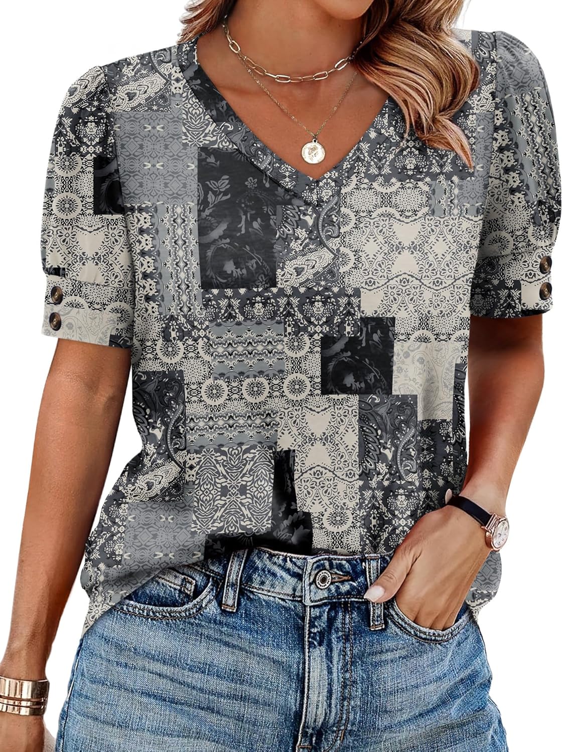 Womens Tops Short Sleeve Shirts Buttons V Neck Spring Fashion Summer Outfits Plus Size Blouses Dressy Casual
