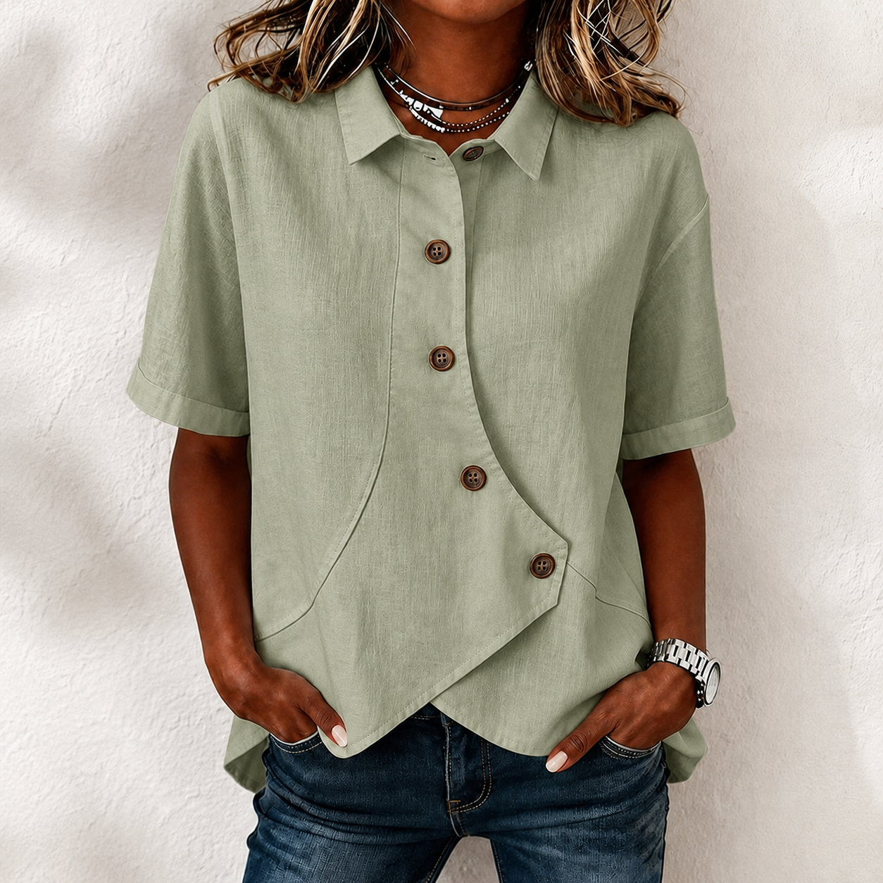 Elegant Solid Collared Button-up Short Sleeve Blouse
