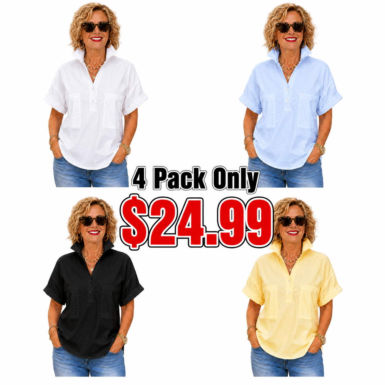 Women’s White Stand Collar Button-Back Relaxed Blouse