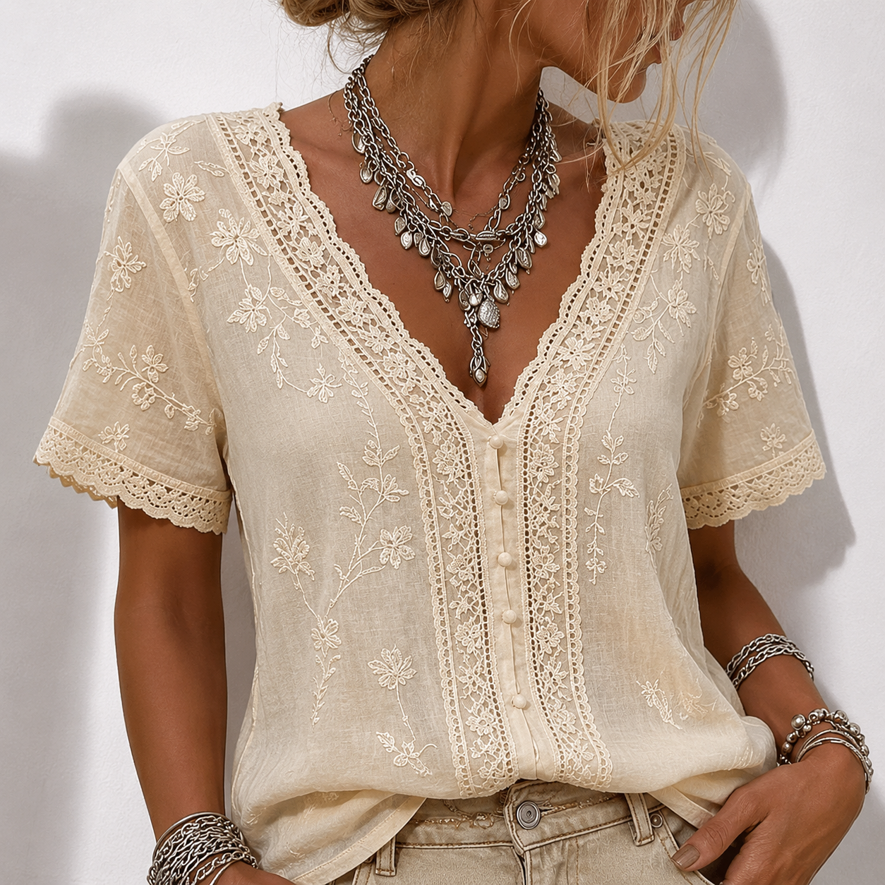 Women's White Floral Lace Art Cotton Linen V-Neck Short Sleeved Top