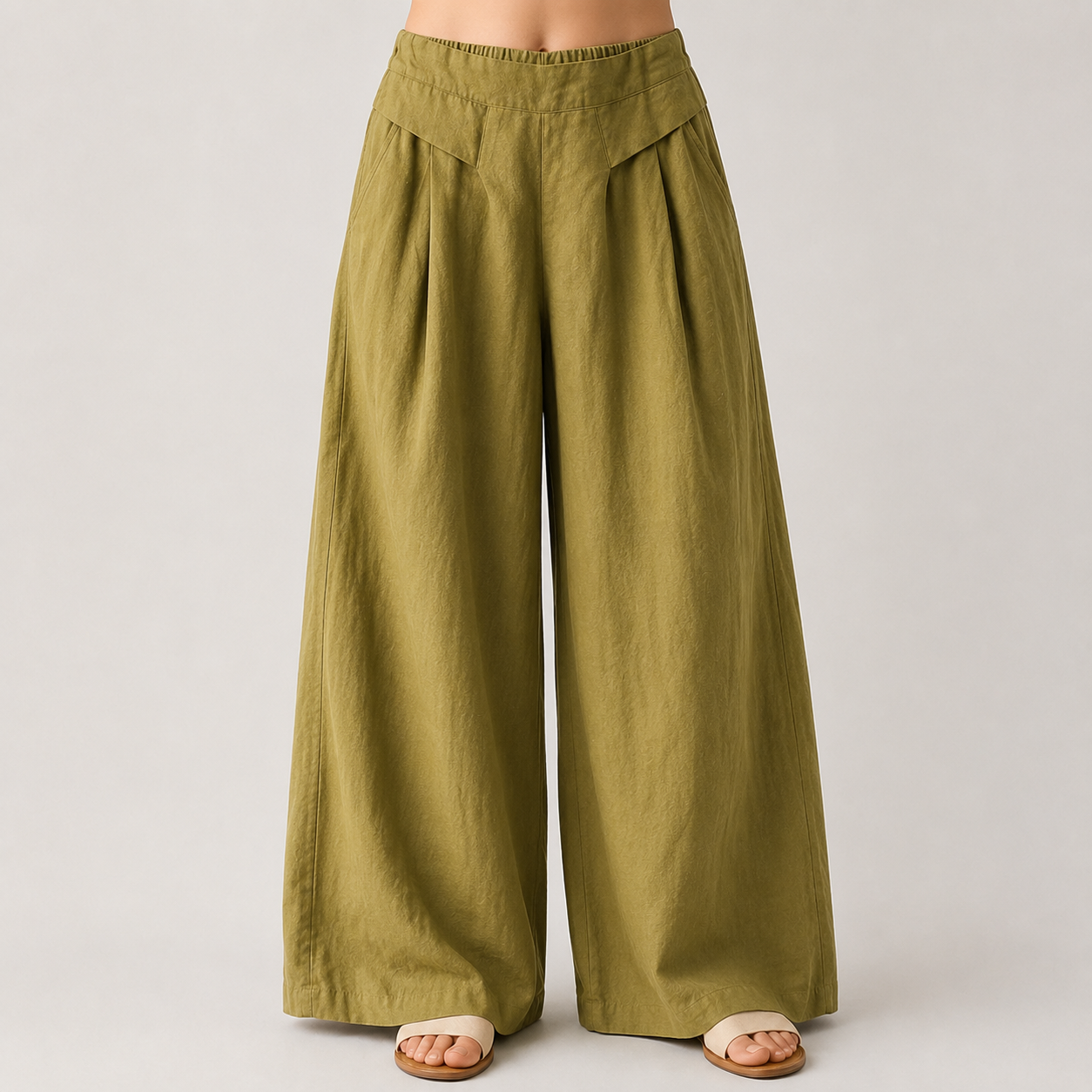 AuraLinen Plain Color Cotton Linen High Waist Wide Leg Pants With Pockets