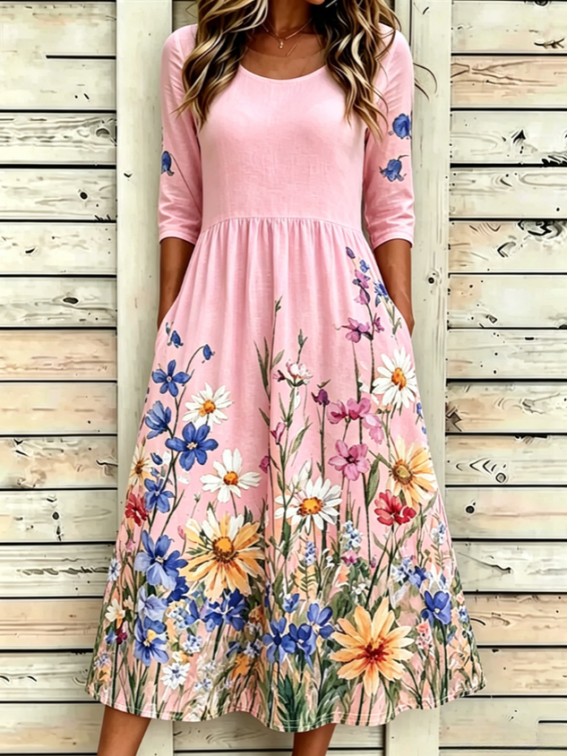 Women Floral Half Sleeve Crew Neck Dress Daily Vintage Maxi A-Line Summer Dress
