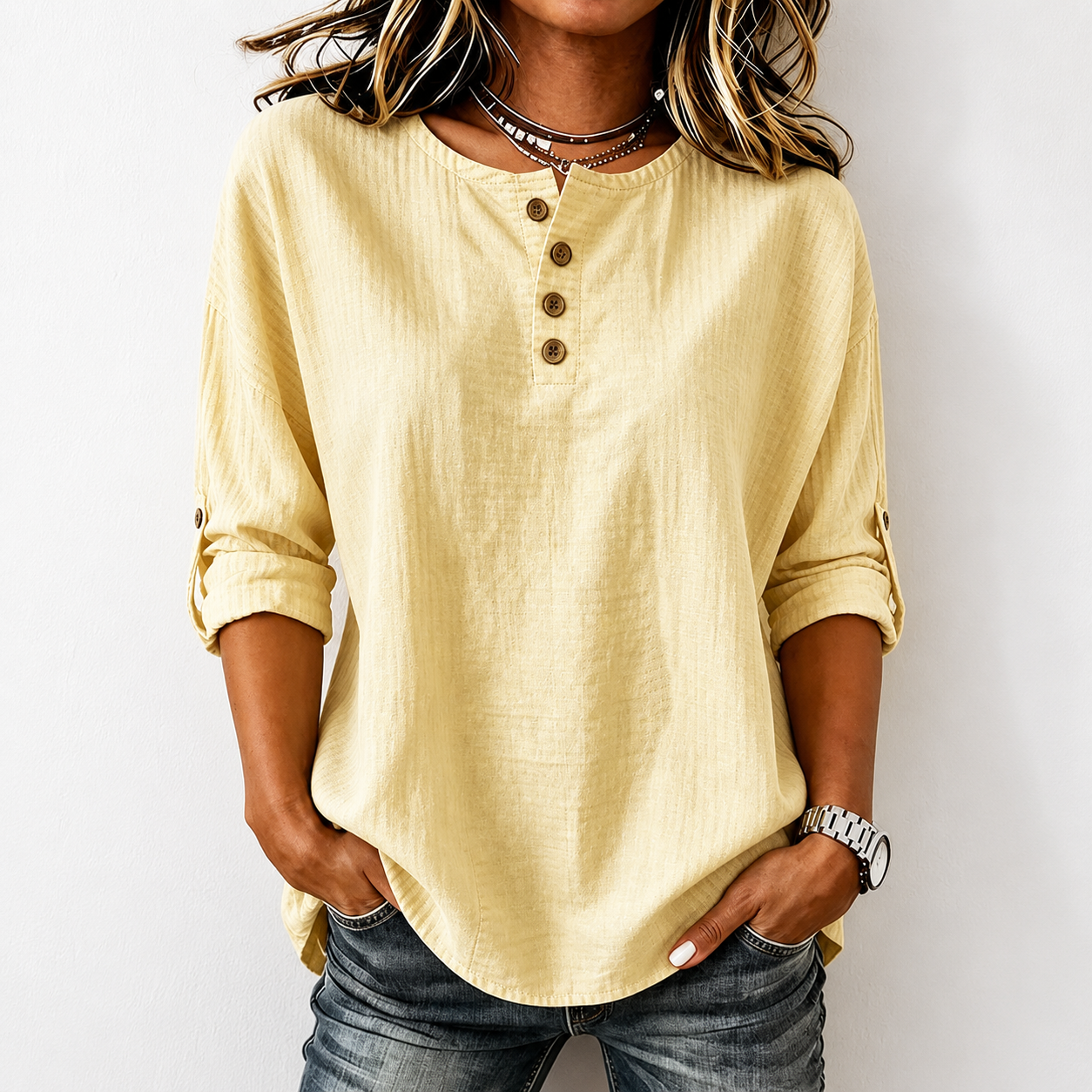 Women'S Casual Cotton And Linen 9-Quarter Sleeved Button Up Top