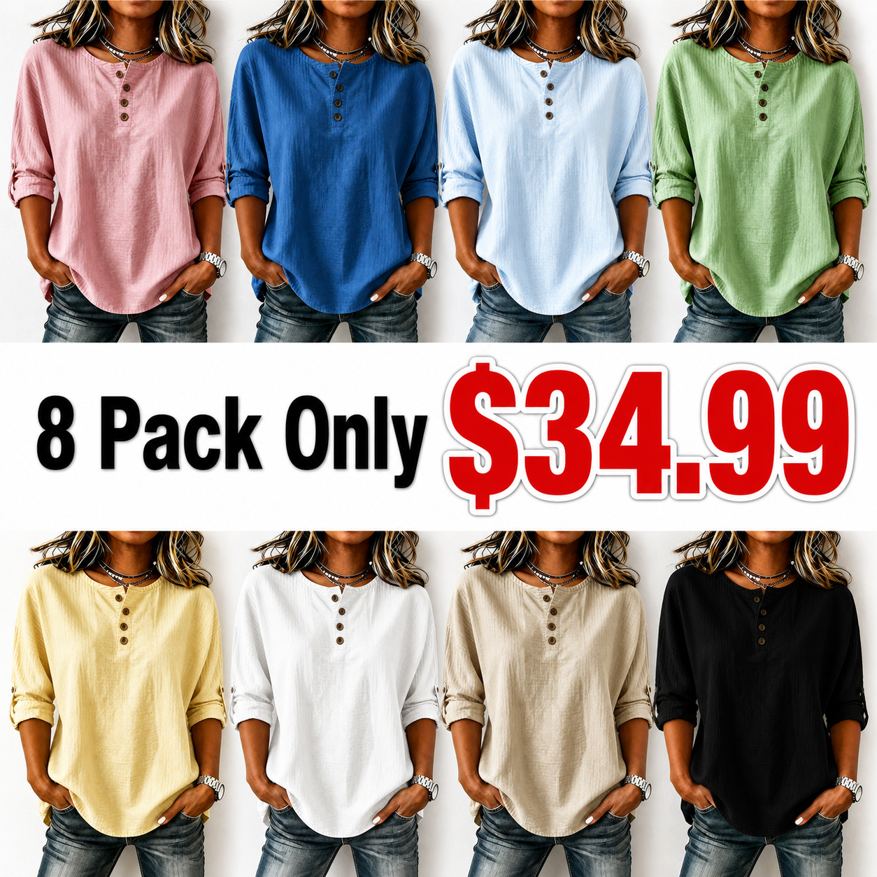 Women'S Casual Cotton And Linen 9-Quarter Sleeved Button Up Top