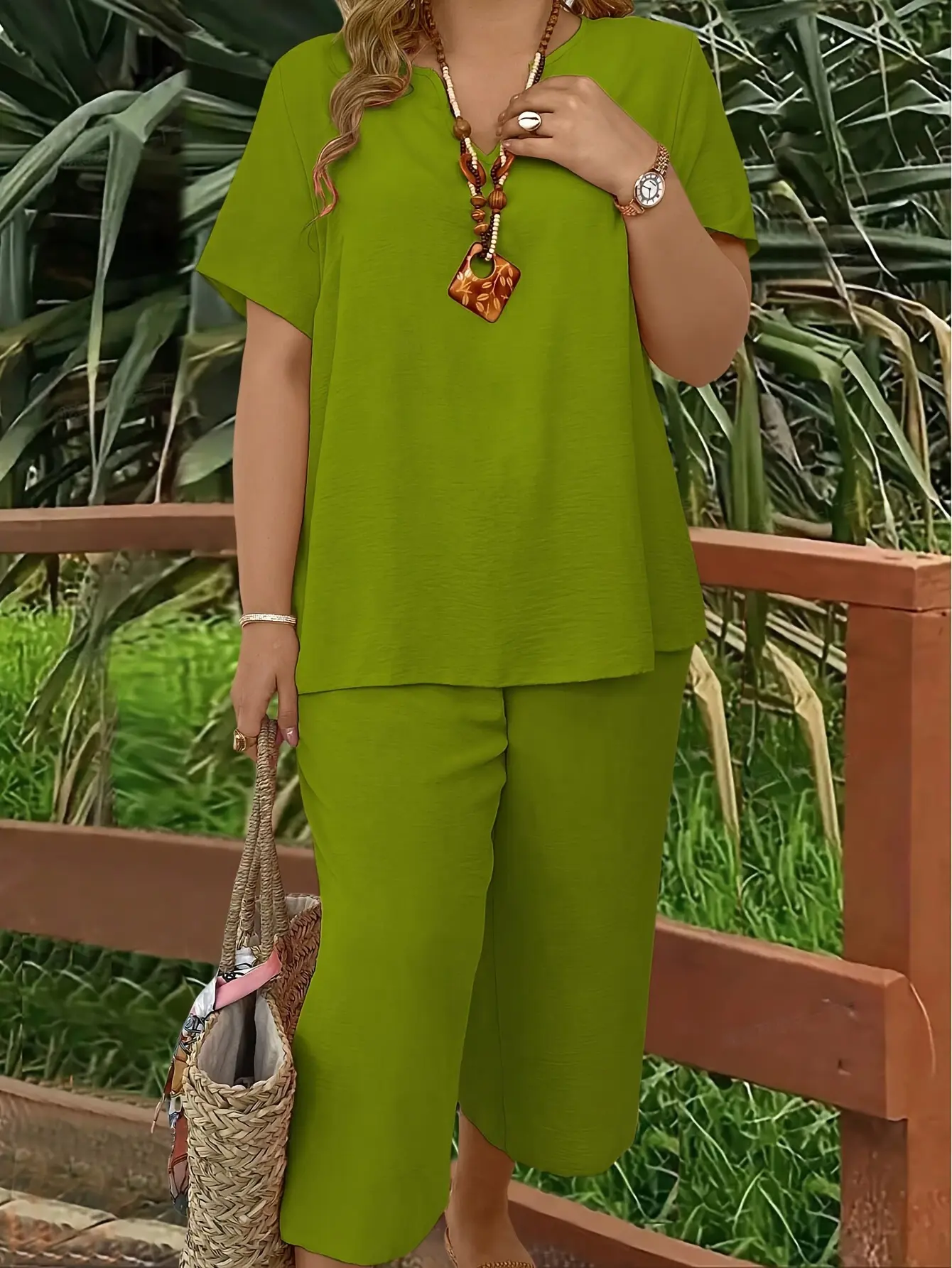 Women's Plus Size Elegant Wide Leg Pants Set - Solid Short Sleeve Casual Outfit - Mother's Day Gift