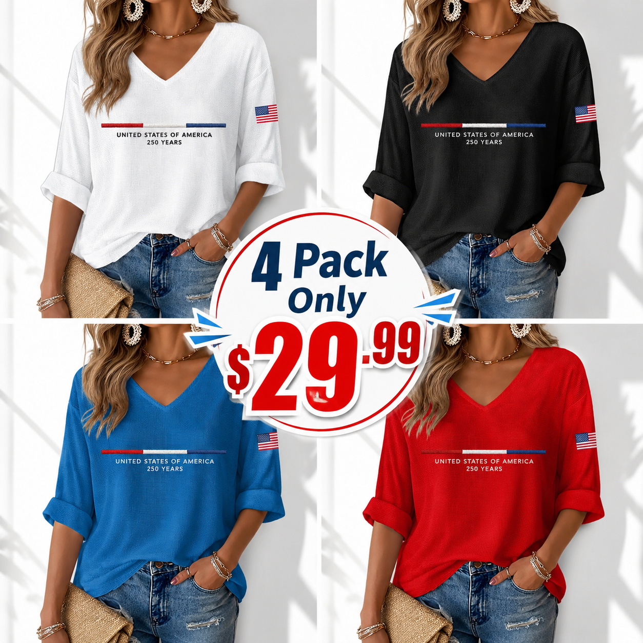 Women's Americana-Inspired Waffle V-Neck Rolled Sleeve Tops
