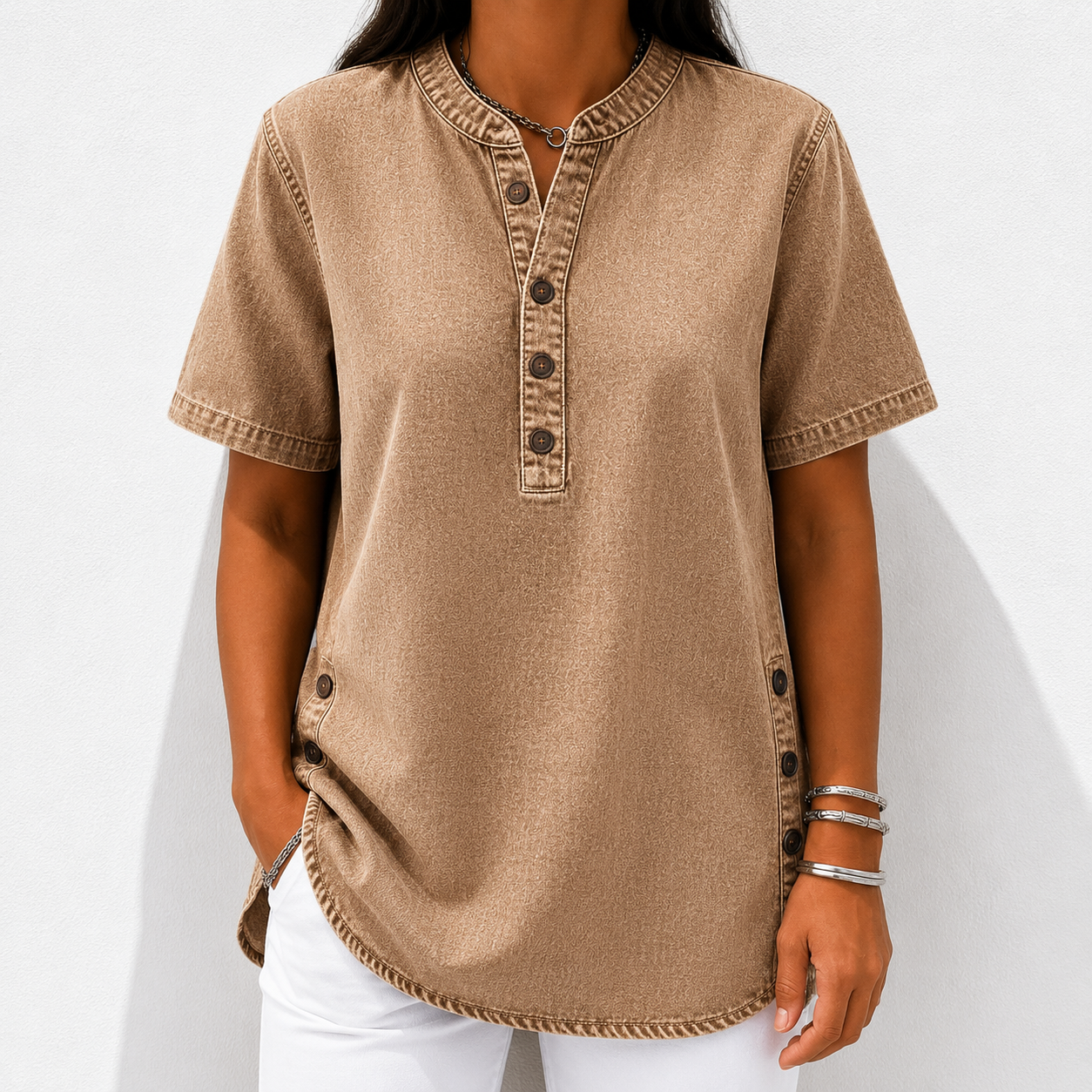 NEW🔥Women's V-neck short-sleeved Casual Button-up Loose Denim Top
