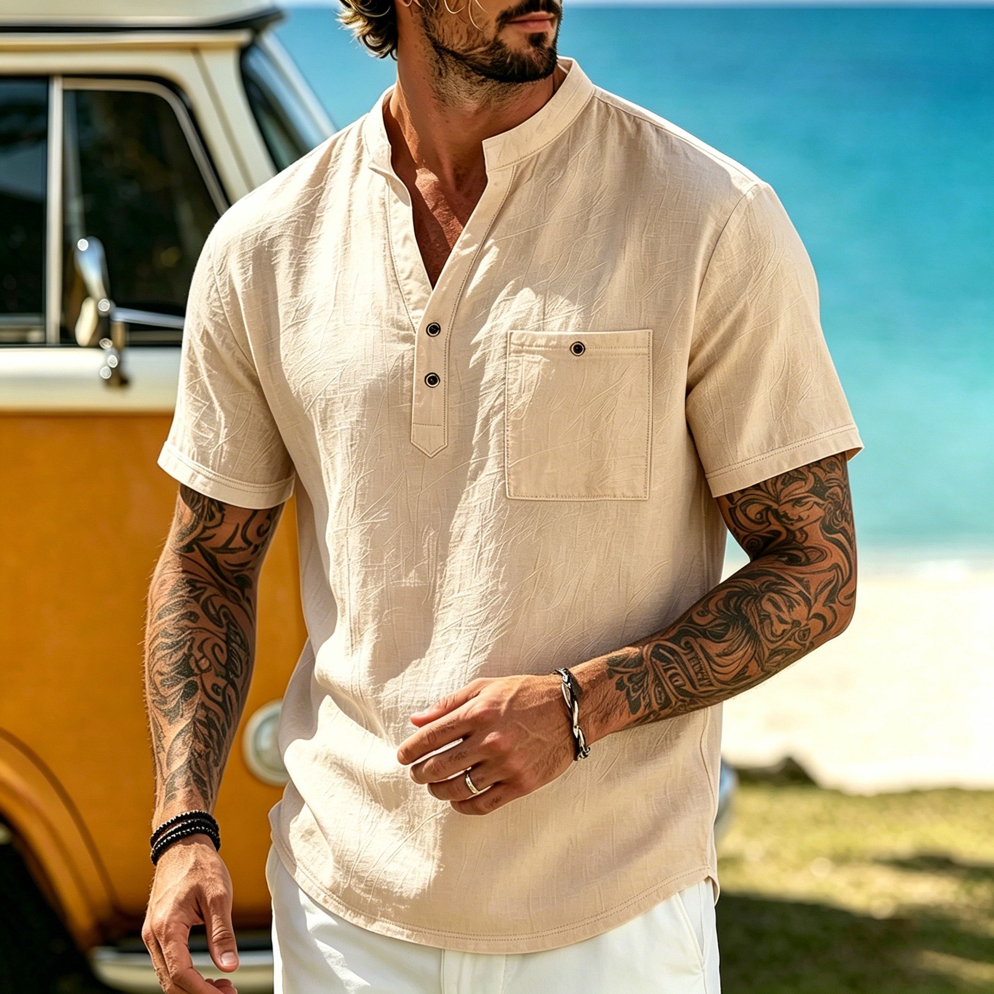 Men's Vacation Linen V-Neck Short Sleeve Shirt