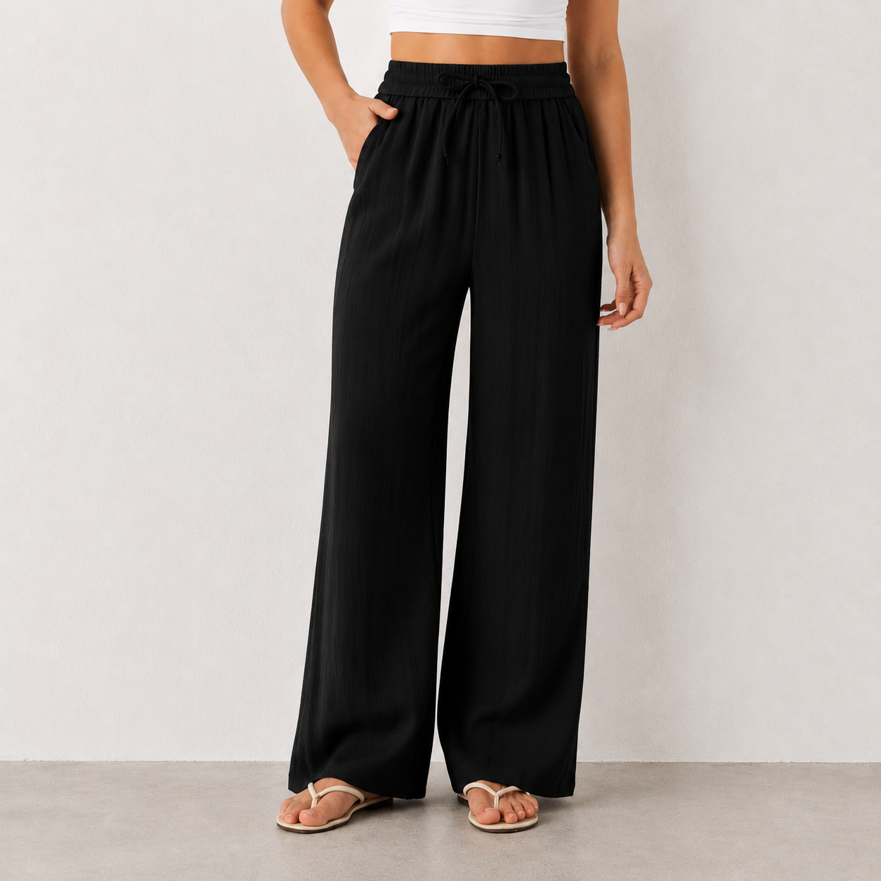High Waisted Drawstring Pocket Wide Leg Casual Linen-Feel Pants