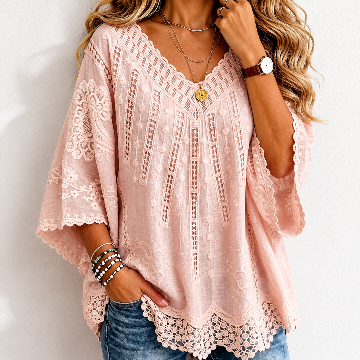 Women's Lavender Embroidered Lace V-NeckBlouse