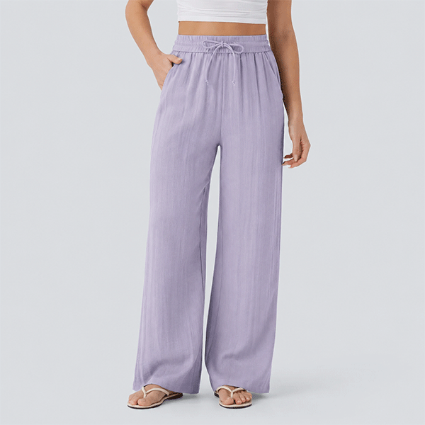 High Waisted Drawstring Pocket Wide Leg Baggy Casual Linen-Feel Pants