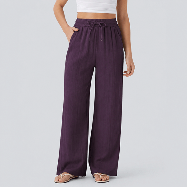 High Waisted Drawstring Pocket Wide Leg Baggy Casual Linen-Feel Pants