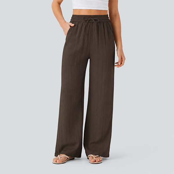 High Waisted Drawstring Pocket Wide Leg Baggy Casual Linen-Feel Pants