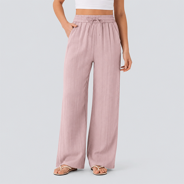 High Waisted Drawstring Pocket Wide Leg Baggy Casual Linen-Feel Pants