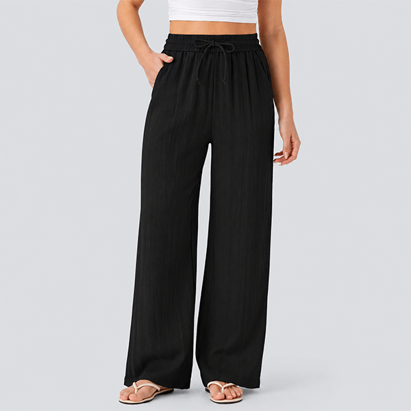 High Waisted Drawstring Pocket Wide Leg Baggy Casual Linen-Feel Pants