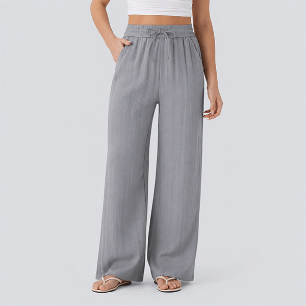 High Waisted Drawstring Pocket Wide Leg Baggy Casual Linen-Feel Pants