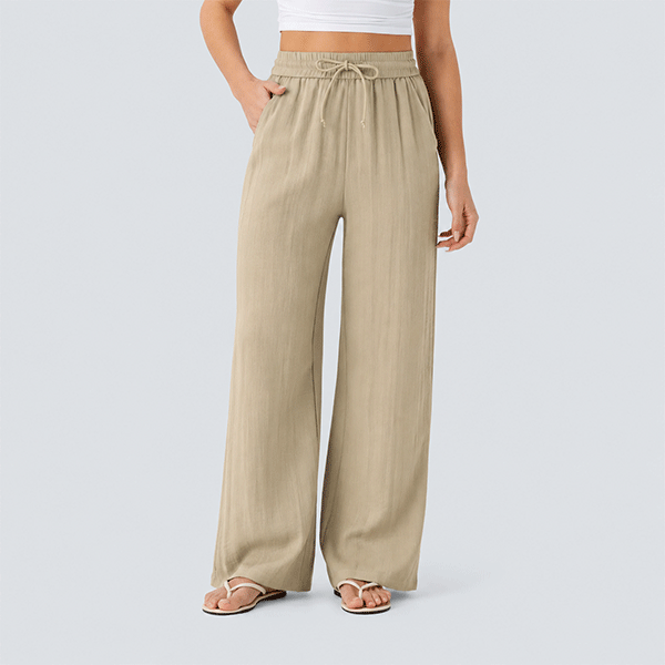 High Waisted Drawstring Pocket Wide Leg Baggy Casual Linen-Feel Pants
