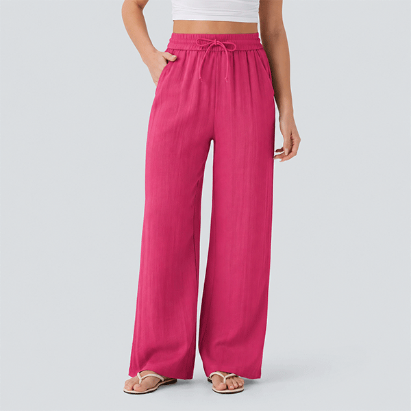 High Waisted Drawstring Pocket Wide Leg Baggy Casual Linen-Feel Pants
