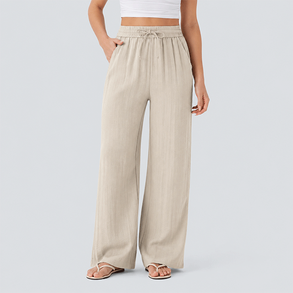 High Waisted Drawstring Pocket Wide Leg Baggy Casual Linen-Feel Pants