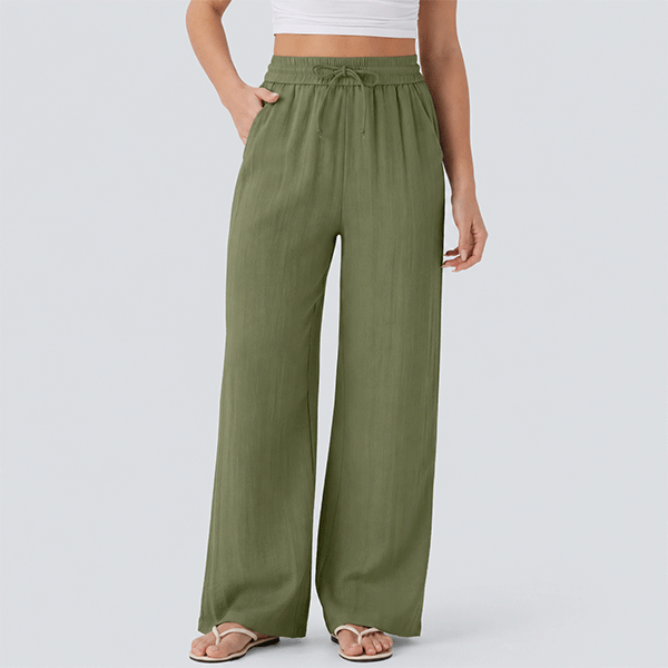 High Waisted Drawstring Pocket Wide Leg Baggy Casual Linen-Feel Pants
