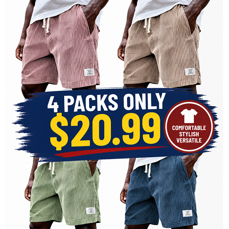 Mens Stylish Ribbed Simple Embroidered Corduroy Loose Lace-up Casual Shorts