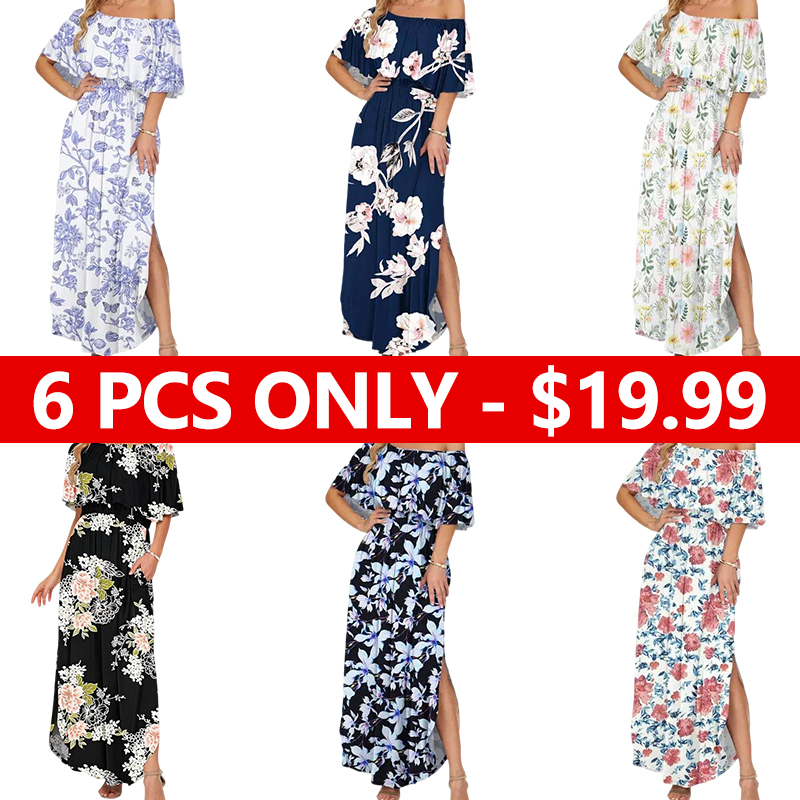 Women's Off The Shoulder Dress Wedding Guest Dress Summer Casual Long Ruffle Party Side Split Beach Maxi Dresses