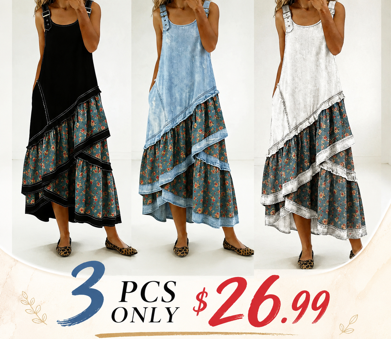 New Arrivals🔥 Women's Fashion Floral Denim Design Sleeveless Multi-layered Ruffled Strap Dress