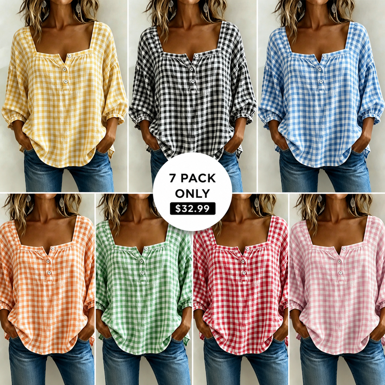 🌸Today 49% OFF🌸Women’s Cotton Linen Gingham Square-Neck Short-Sleeve Top