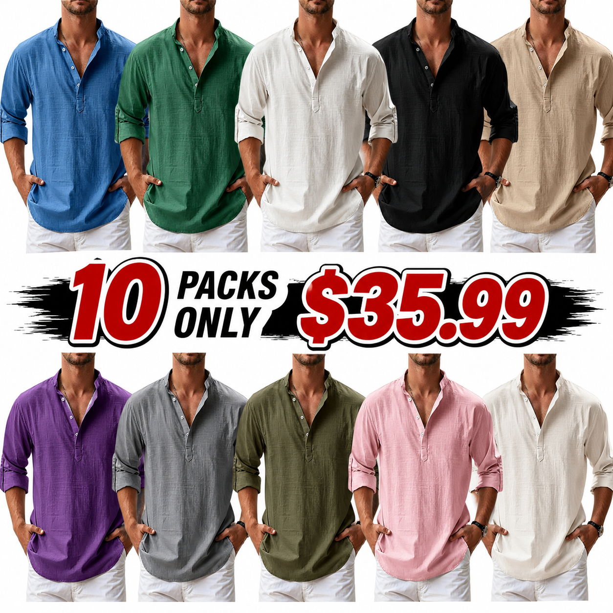 Men's Cotton And Linen Stand Collar Basic Casual Long-Sleeved Shirt